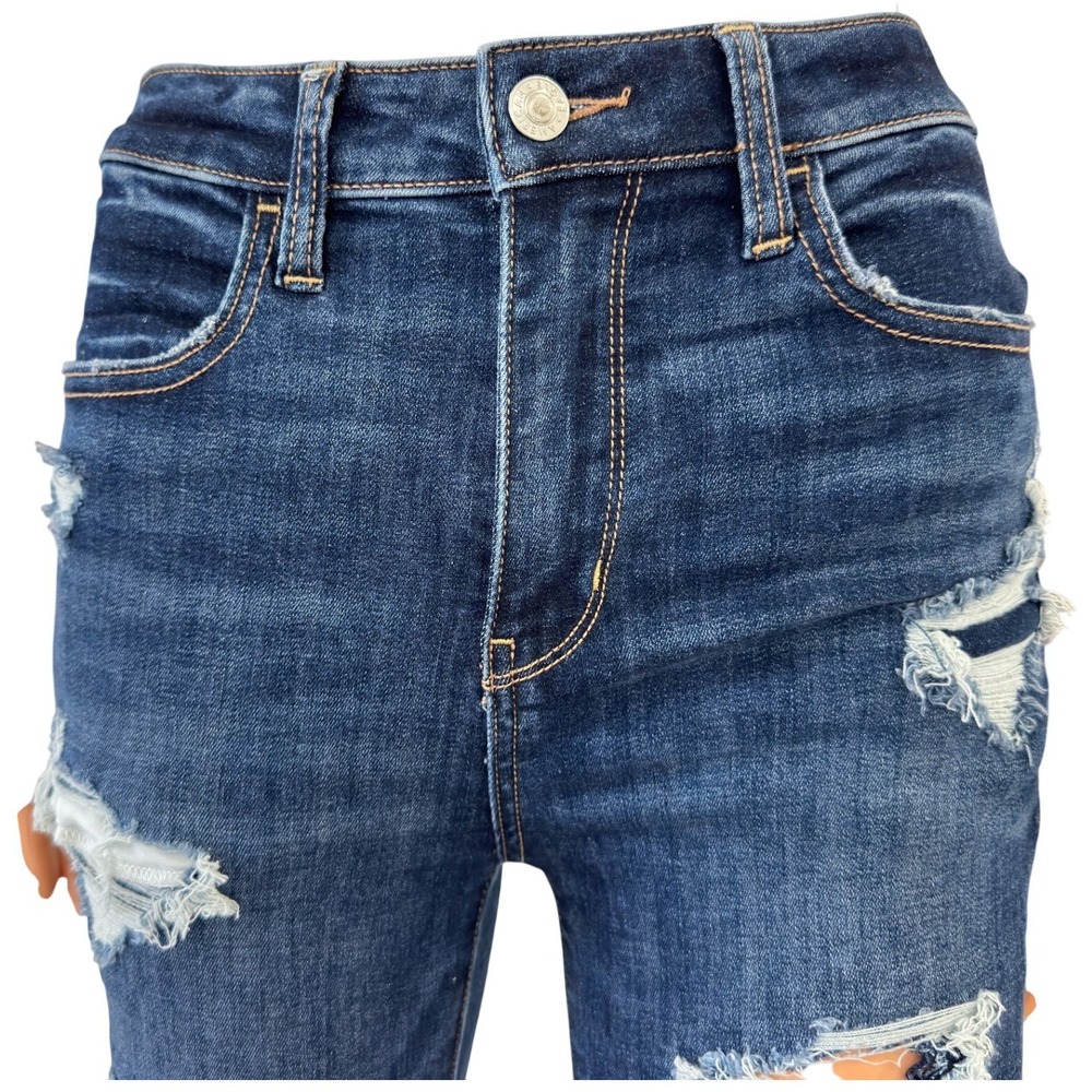 American Eagle Skinny Jeans Womens 2 Short Dark Wash Distressed Ripped FrayedHem - Picture 2 of 16